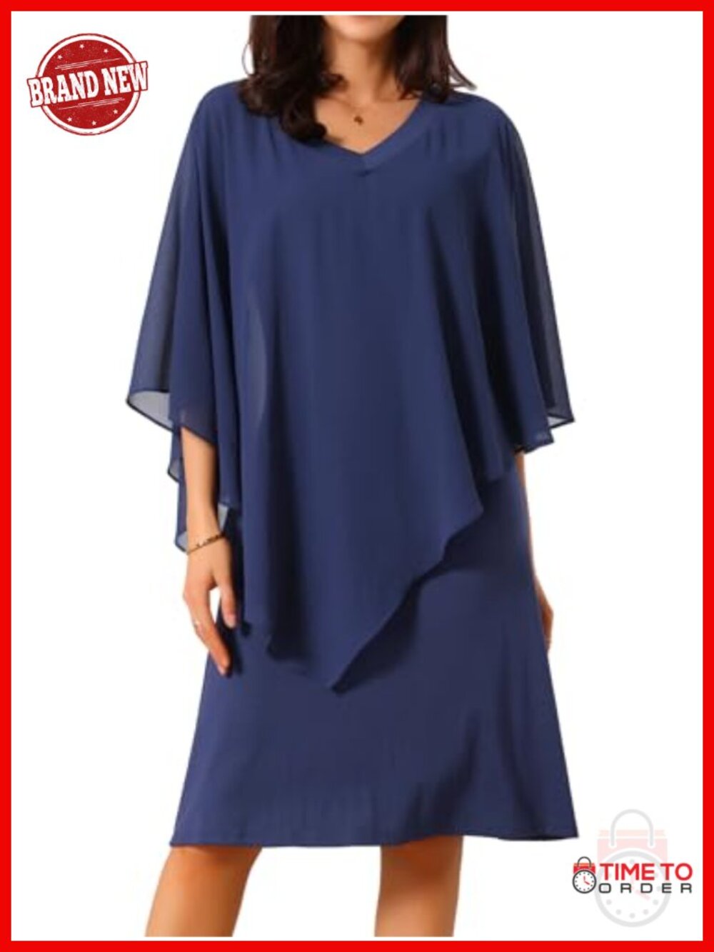 Chiffon Cape Overlay V-Neck 3/4 Sleeve Knee Length Pencil Dress Wedding Guest
